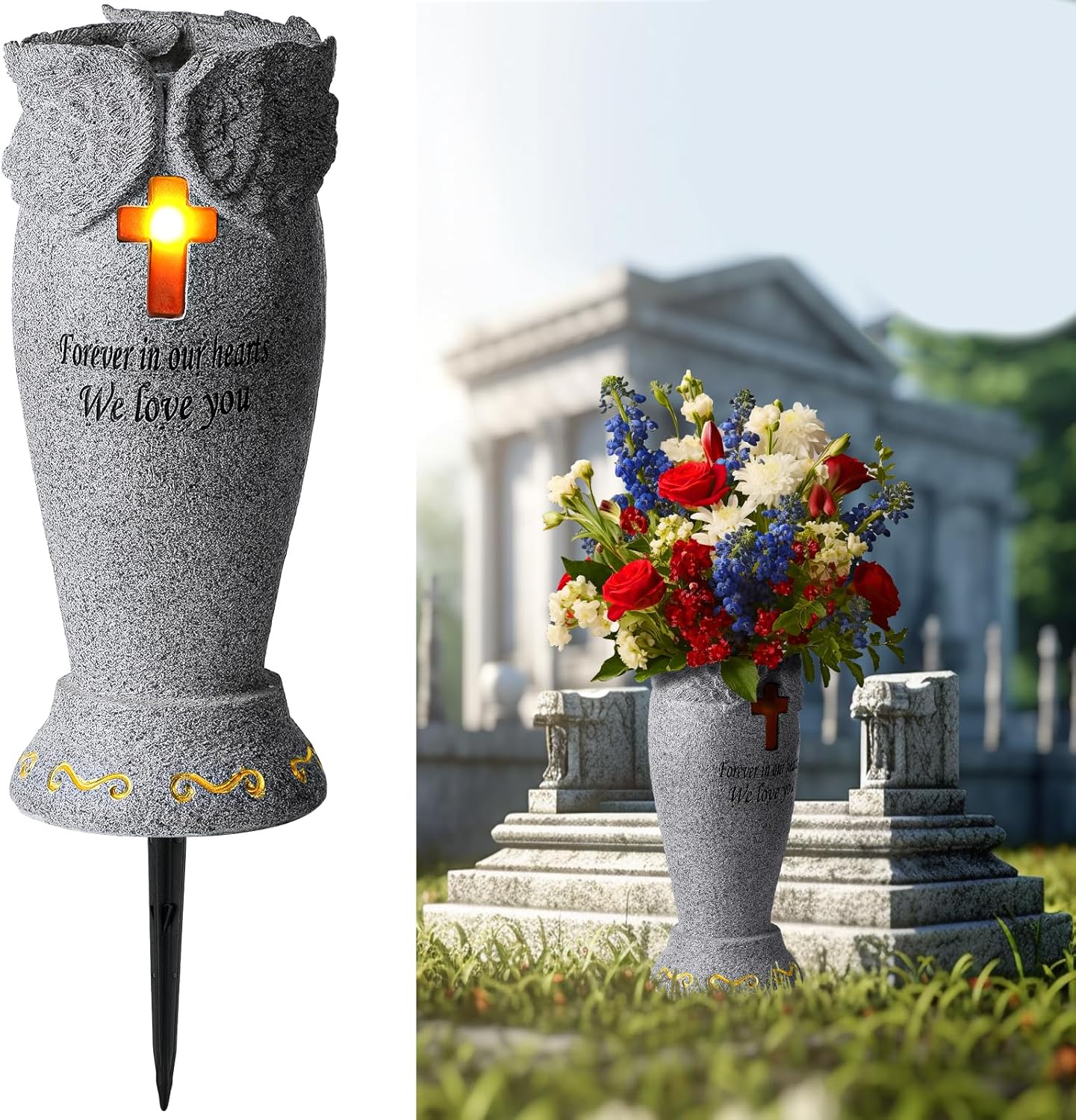Vază Funerară cu Înger și Cruce, Iluminare LED și Încărcare Solară