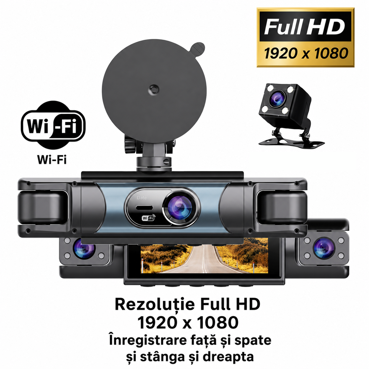 Cameră Auto DVR 360° cu 4 Camere, 1080P Full HD, Wi-Fi, Filmare Față, Spate și Interior