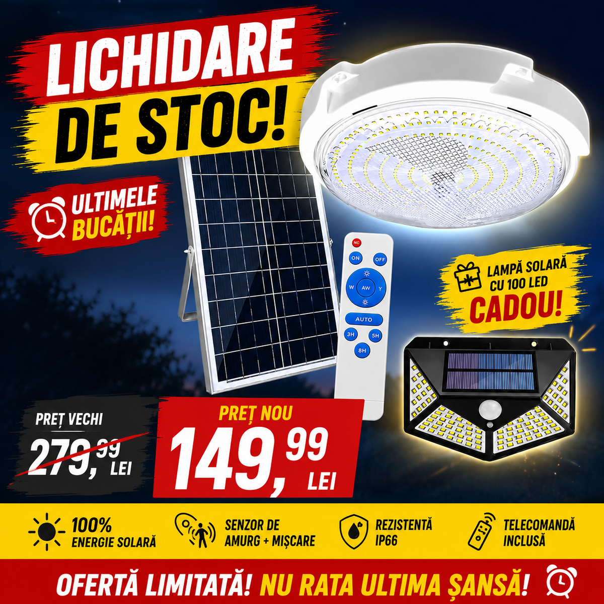 LICHIDĂM STOCUL – Plafonieră Solară 100W cu 108 LED și Telecomandă + CADOU Lampa solara cu 100 LED