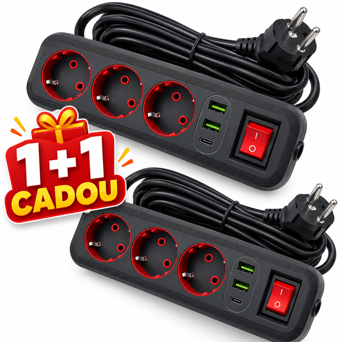 1+1 CADOU Prelungitor multifuncțional cu 3 prize, 2 USB-A și USB-C, cablu 5 metri