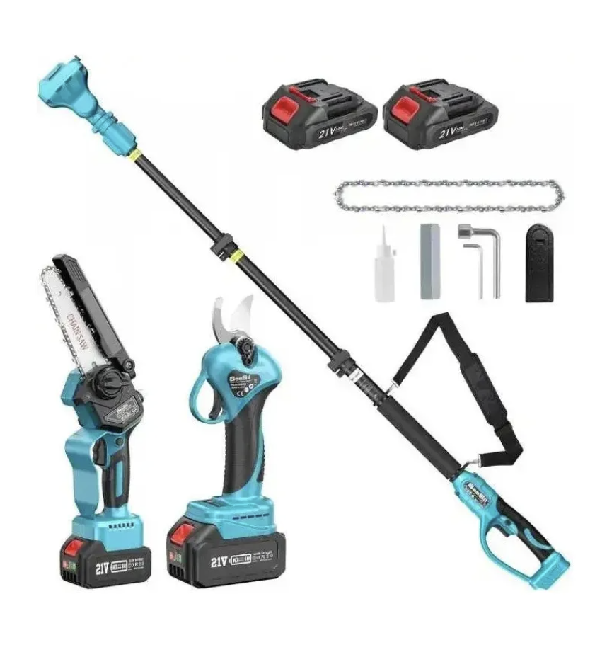 Set Foarfecă Electrică de Grădină și Mini Drujbă 6'', 2 Acumulatori 48V, Braț Telescopic 2 m
