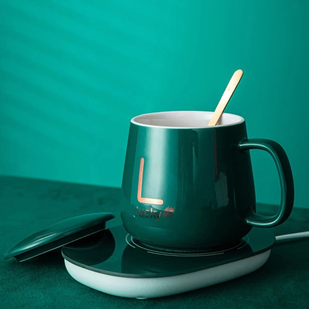 1+1 CADOU Set Cană Ceramică cu Autoîncălzire, 370 ml, Menține Temperatura la 55°C, Verde Regal
