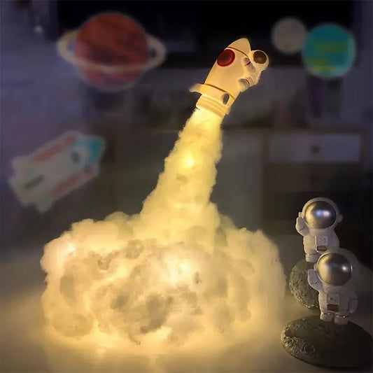 Lampă Rachetă 3D cu Astronaut și Nori Colorati LED – Veioză de Noapte USB