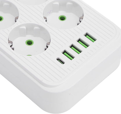 Prelungitor 11-în-1, 6 Prize Schuko, 4 USB + 1 USB-C, Cablu 5 metri