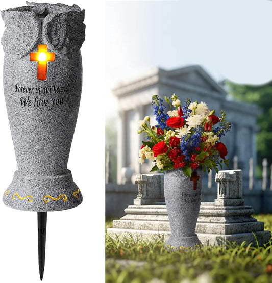 Vază Funerară cu Înger și Cruce, Iluminare LED și Încărcare Solară