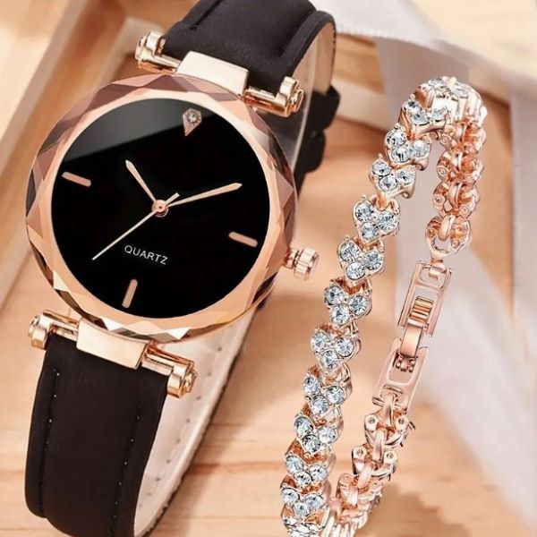 Set Elegant de Damă cu Ceas și Brățară cu Pietre, Negru & Rose Gold