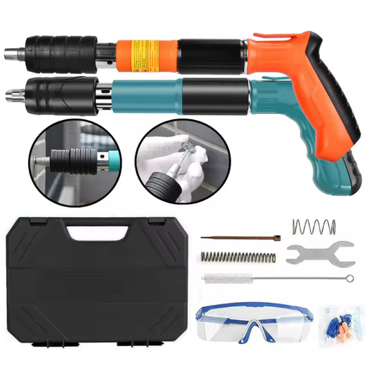 Kit Pistol Manual Pentru Fixarea Cuielor Pe Perete / Nituri, Lungime 30 cm, Calibru 7.3 cm, Pneumatic, Accesorii, Ochelari De Protectie, Cutie Transport, Albastru + 50 cuie incluse