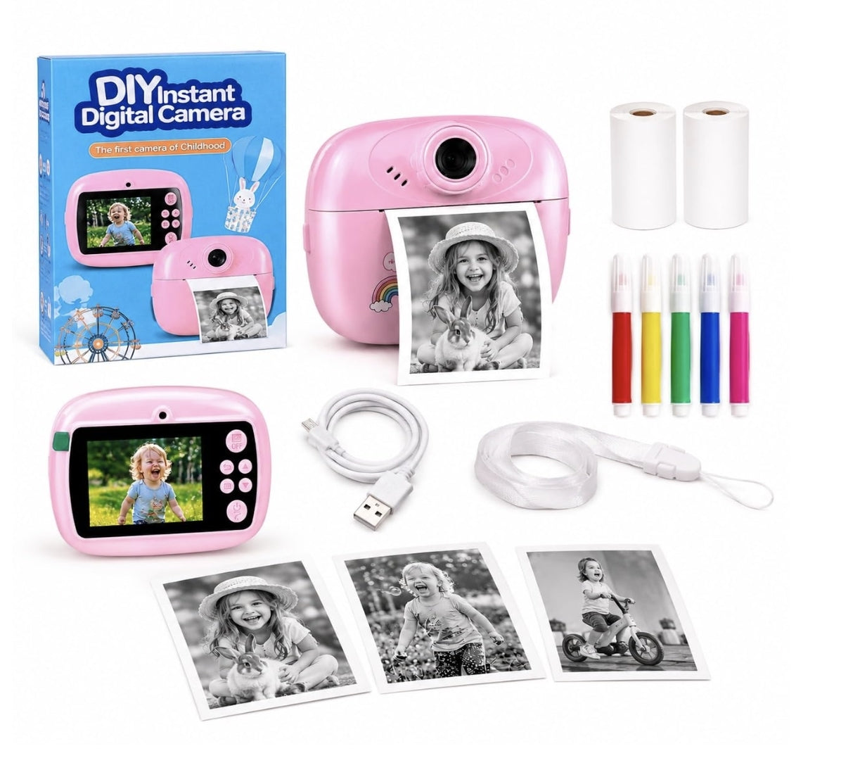 Aparat Foto Instant pentru Copii cu Imprimare, Cameră Digitală, Reîncărcabil USB, Portabil