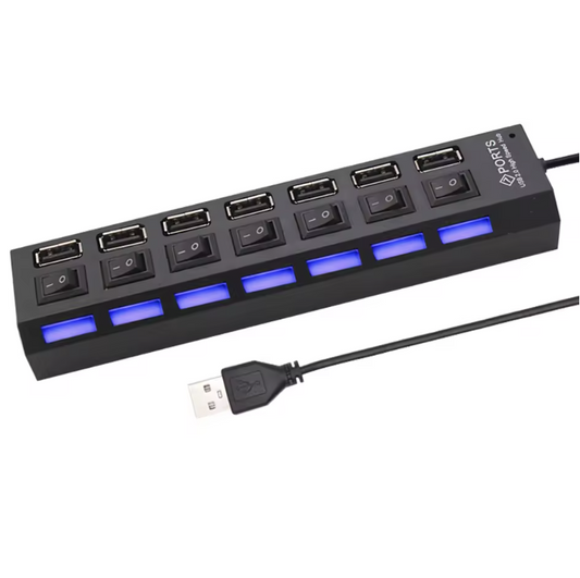 Hub USB 2.0 cu 7 porturi și butoane individuale – Transfer rapid 480 Mbps
