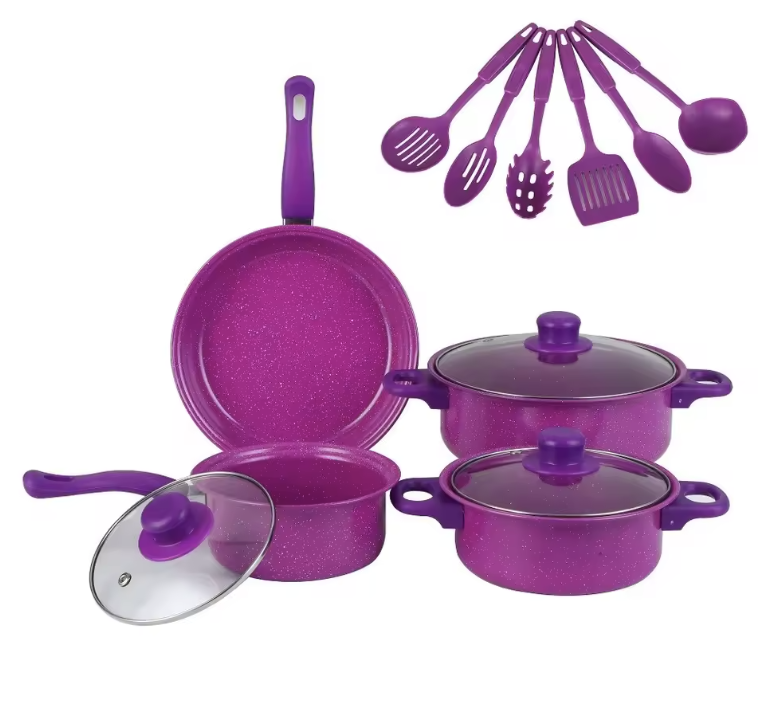 Set 13 Piese de Tigăi Antiaderente cu Ustensile de Bucătărie, Culoare Mov