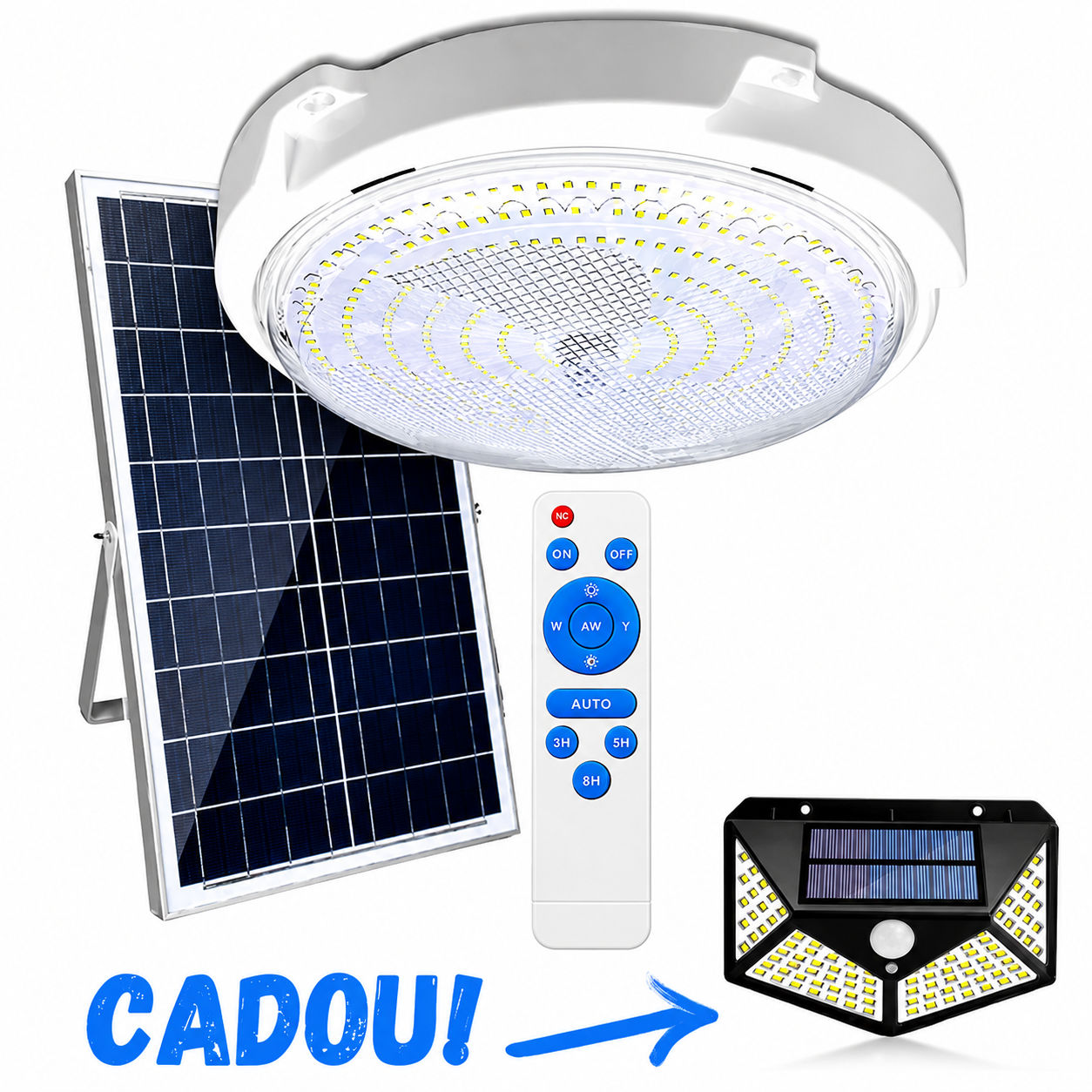Plafoniera solara 100W Jortan, 108 LED, cu senzor de amurg incorporat si telecomanda + Lampa solara cu 100 LED CADOU