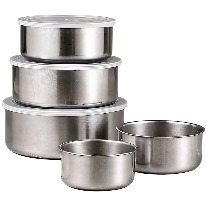 Set 5 Caserole din Inox cu Capace Etanșe, 5 Dimensiuni, pentru Depozitarea Alimentelor