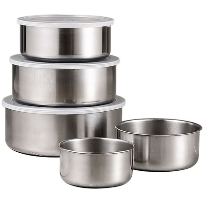 Set 5 Caserole din Inox cu Capace Etanșe, 5 Dimensiuni, pentru Depozitarea Alimentelor