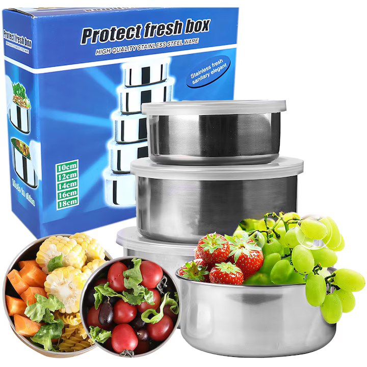 Set 5 Caserole din Inox cu Capace Etanșe, 5 Dimensiuni, pentru Depozitarea Alimentelor