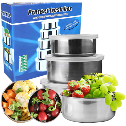 Set 5 Caserole din Inox cu Capace Etanșe, 5 Dimensiuni, pentru Depozitarea Alimentelor