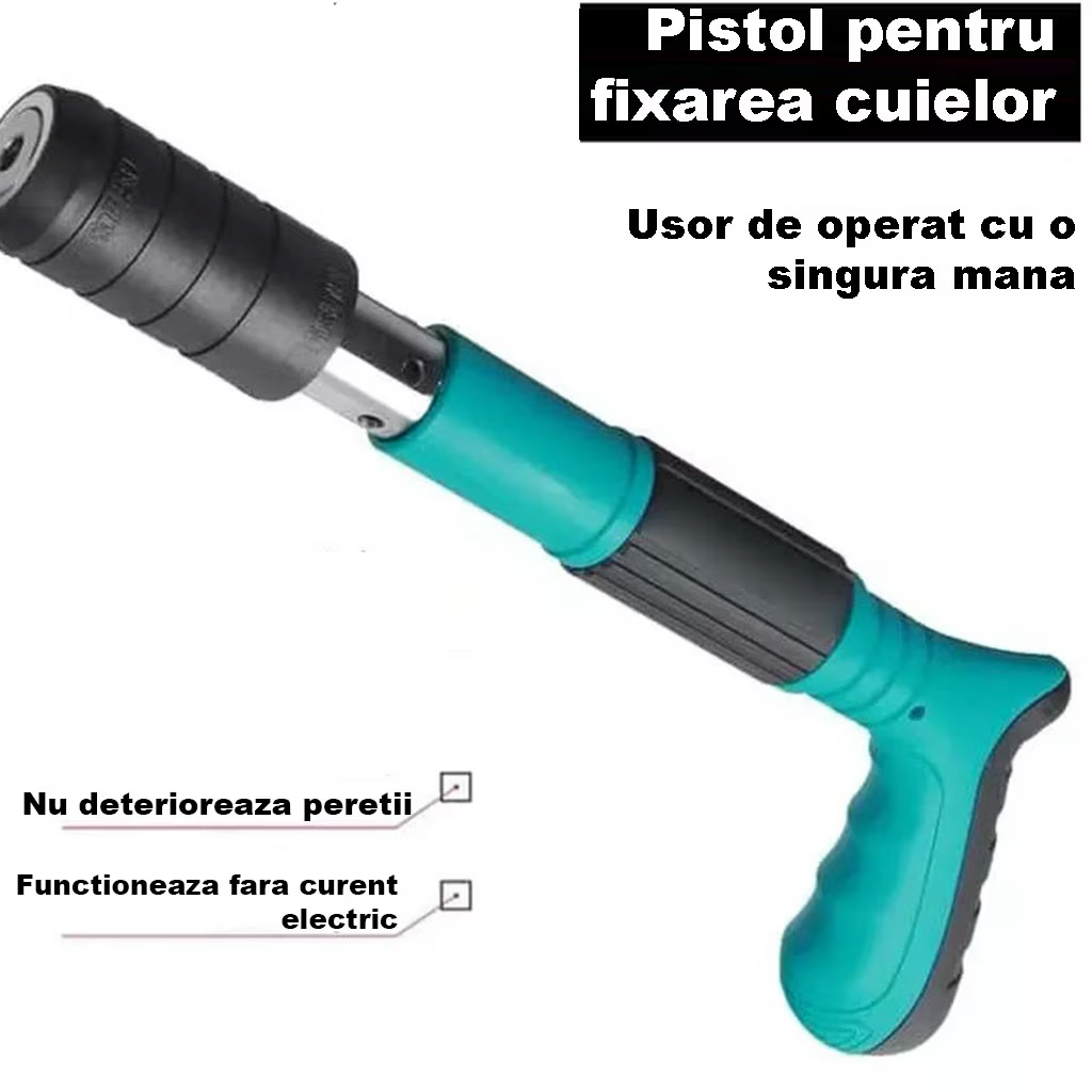 Kit Pistol Manual Pentru Fixarea Cuielor Pe Perete / Nituri, Lungime 30 cm, Calibru 7.3 cm, Pneumatic, Accesorii, Ochelari De Protectie, Cutie Transport, Albastru + 50 cuie incluse