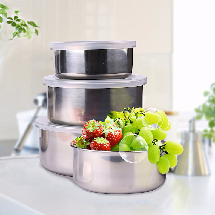 Set 5 Caserole din Inox cu Capace Etanșe, 5 Dimensiuni, pentru Depozitarea Alimentelor