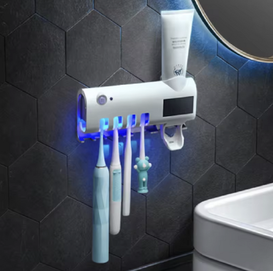 Sistem inteligent pentru baie: suport periuțe de dinți cu sterilizare UV, alimentare solară și dispenser automat de pastă. 1+1 CADOU