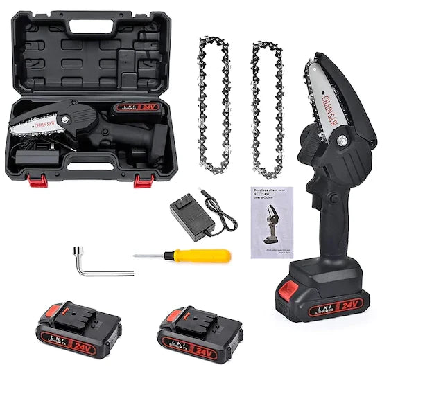 Mini fierastrau cu lant DASGUT 6 inch, 1100 de wati, 2 baterii, 2 lanturi, cu cutie de instrumente portabila neagra